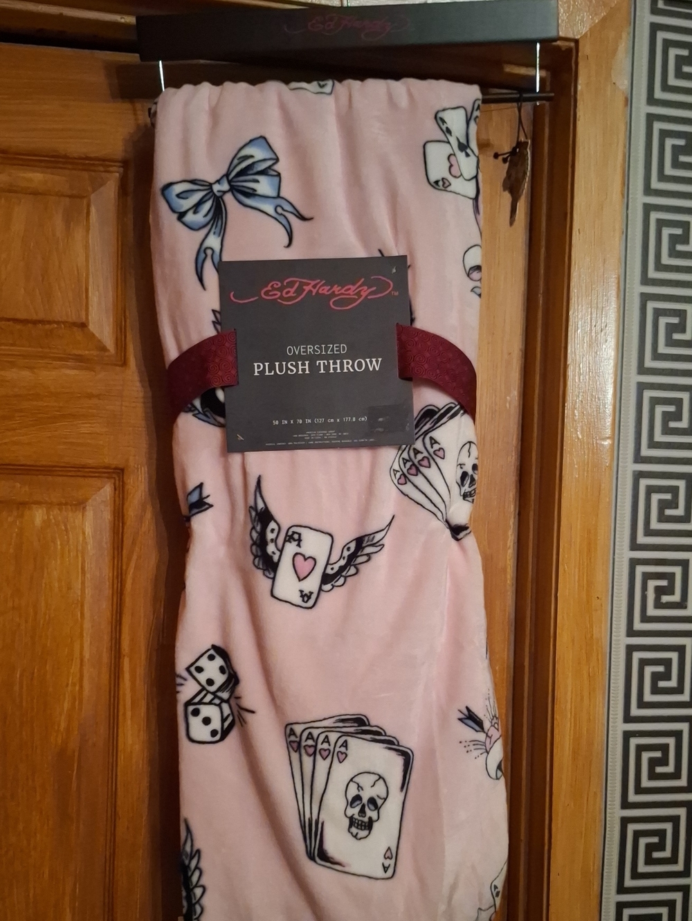 Ed Hardy Pink Plush Oversized Throw with Playing Card & Bow Motifs